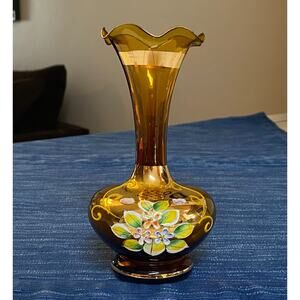 Vintage Czech Bohemian Amber Glass Hand Painted Floral & Gold Bud Vase 6"